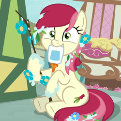 Size: 997x998 | Tagged: safe, screencap, character:roseluck, species:pony, episode:student counsel, cropped, cute, cuteluck, flower, flower in hair, glue, messy, mouth hold, rosabetes, silly, silly pony, solo, stick, underhoof