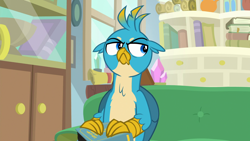 Size: 1920x1080 | Tagged: safe, screencap, character:gallus, species:griffon, episode:student counsel, :c, >:c, angry, frown, gallus is not amused, grumpy, looking sideways, male, sitting, solo
