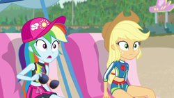 Size: 1280x720 | Tagged: safe, screencap, character:applejack, character:rainbow dash, episode:lost and found, g4, my little pony:equestria girls, applejack's hat, beach, beach chair, belly button, bikini, clothing, cowboy hat, duo, hat, midriff, sunglasses, swimsuit