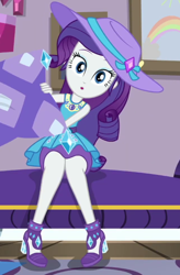 Size: 428x653 | Tagged: safe, screencap, character:rarity, episode:camping must-haves, g4, my little pony:equestria girls, :o, clothing, cropped, cute, female, geode of shielding, hat, high heels, legs, magical geodes, open mouth, pencil skirt, pillow, raribetes, rarity's bedroom, sexy, shoes, sitting, skirt, solo