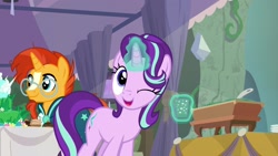 Size: 1920x1080 | Tagged: safe, screencap, character:starlight glimmer, character:sunburst, species:pony, species:unicorn, episode:student counsel, cake, cup, cupcake, cute, duo, female, food, glasses, glimmerbetes, happy, magic, magic aura, male, mare, one eye closed, pillar, plate, stallion, table, wink