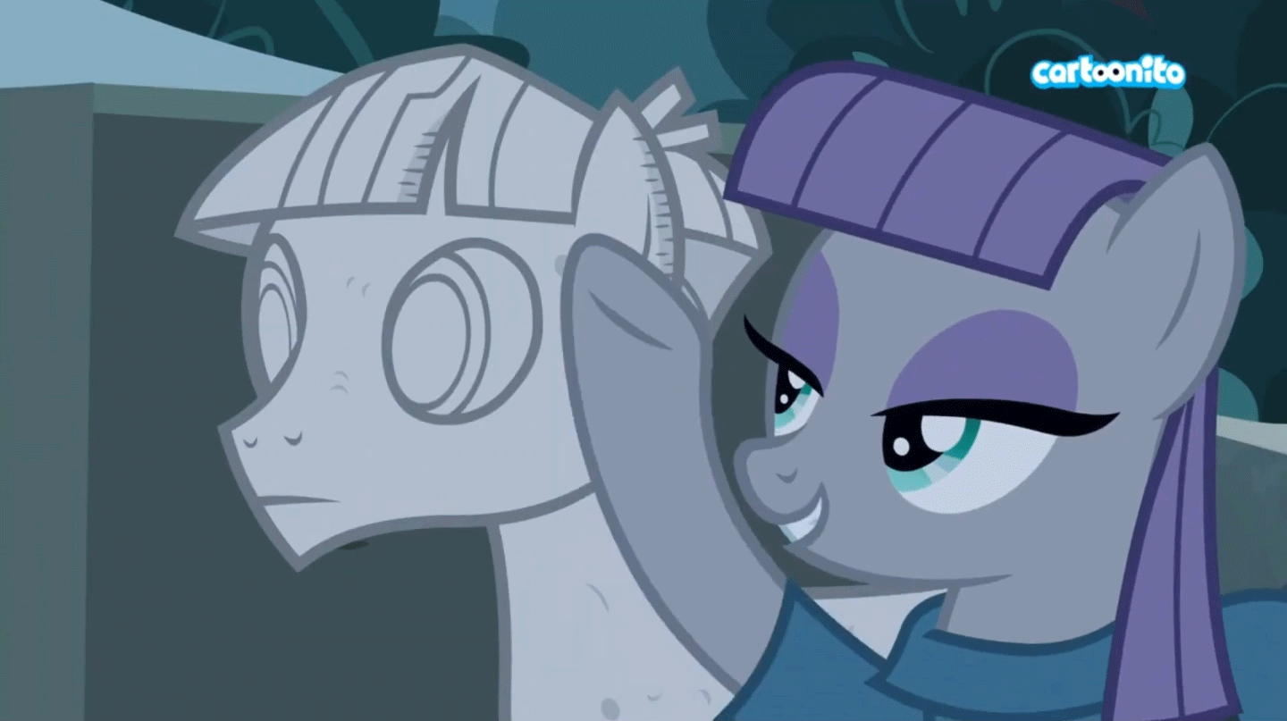 Size: 1440x807 | Tagged: safe, screencap, character:maud pie, character:mudbriar, species:earth pony, species:pony, ship:maudbriar, episode:student counsel, agalmatophilia, animated, cartoonito logo, female, loop, male, mare, petrification, rock, rockbriar, shipping, smiling, straight, that pony sure does love rocks, when she smiles