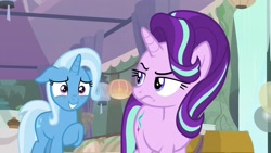 Size: 1920x1080 | Tagged: safe, screencap, character:starlight glimmer, character:trixie, species:pony, episode:student counsel, floppy ears, starlight is not amused, unamused