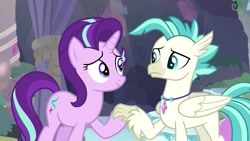 Size: 1920x1080 | Tagged: safe, screencap, character:starlight glimmer, character:terramar, species:classical hippogriff, species:hippogriff, species:pony, species:unicorn, episode:student counsel, duo, female, jewelry, male, mare, necklace