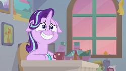 Size: 1920x1080 | Tagged: safe, screencap, character:starlight glimmer, species:pony, species:unicorn, episode:student counsel, bracelet, chair, cup, cute, female, floppy ears, glimmerbetes, grin, jewelry, mare, mug, sitting, smiling, solo, teabag, teacup, window