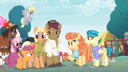 Size: 1745x982 | Tagged: safe, screencap, character:aunt holiday, character:auntie lofty, character:babs seed, character:cheerilee, character:derpy hooves, character:mane allgood, character:pipsqueak, character:scootaloo, character:snap shutter, character:trouble shoes, character:twist, species:earth pony, species:pegasus, species:pony, episode:the last crusade, g4, my little pony: friendship is magic, balloon, colt, discovery family logo, male, outdoors, ponyville, scootaloo's parents