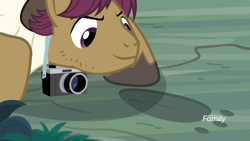 Size: 1920x1080 | Tagged: safe, screencap, character:snap shutter, species:earth pony, species:pony, episode:the last crusade, g4, my little pony: friendship is magic, camera, clothing, crouching, discovery family logo, footprint, male, narrowed eyes, shirt, smiling, stallion