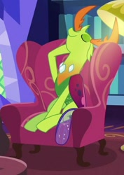 Size: 720x1016 | Tagged: safe, screencap, character:thorax, species:changeling, species:reformed changeling, episode:triple threat, g4, my little pony: friendship is magic, armchair, cropped, cute, eyes closed, hooves, king thorax the fabulous, male, pose, solo, thorabetes