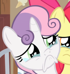 Size: 630x671 | Tagged: safe, screencap, character:apple bloom, character:sweetie belle, species:pony, episode:the last crusade, g4, my little pony: friendship is magic, :c, cropped, frown, sad, teary eyes