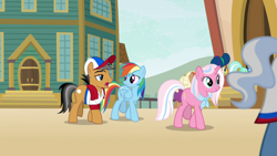 Size: 1920x1080 | Tagged: safe, screencap, character:clear sky, character:quibble pants, character:rainbow dash, species:earth pony, species:pegasus, species:pony, species:unicorn, episode:common ground, g4, my little pony: friendship is magic, cap, clothing, hat