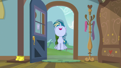 Size: 1920x1080 | Tagged: safe, screencap, character:skeedaddle, species:pony, species:unicorn, episode:the last crusade, g4, my little pony: friendship is magic, boots, clothing, coat rack, door, excited, happy, leaping, scootaloo's house, shoes, solo, wardrobe