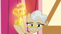 Size: 1920x1080 | Tagged: safe, screencap, character:mayor mare, species:pony, episode:the last crusade, g4, my little pony: friendship is magic, female, glasses, hoof hold, key, lidded eyes, mare, solo