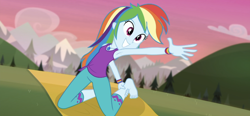 Size: 1792x828 | Tagged: safe, screencap, character:rainbow dash, episode:wake up!, g4, my little pony:equestria girls, armpits, barefoot, beautiful, choose rainbow dash, clothing, cute, cyoa, dashabetes, feet, geode of super speed, inverse badger, magical geodes, pants, pose, sleeveless, smiling, solo, tank top, wake up!: rainbow dash, yoga, yoga mat, yoga pants
