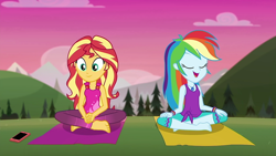 Size: 1280x720 | Tagged: safe, screencap, character:rainbow dash, character:sunset shimmer, episode:wake up!, g4, my little pony:equestria girls, barefoot, clothing, crossed legs, cyoa, feet, geode of empathy, geode of super speed, magical geodes, meditation, pants, phone, sitting, sleeveless, tank top, wake up!: rainbow dash, yoga, yoga mat, yoga pants