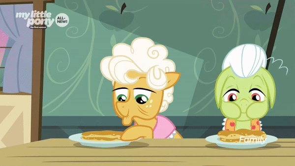 Size: 600x338 | Tagged: safe, screencap, character:goldie delicious, character:granny smith, species:earth pony, species:pony, episode:going to seed, g4, my little pony: friendship is magic, animated, cat, eating, elderly, female, food, goldie delicious' cats, mare, pancakes, stealing, yoink