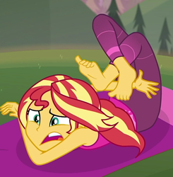 Size: 636x650 | Tagged: safe, screencap, character:sunset shimmer, episode:wake up!, g4, my little pony:equestria girls, animation error, barefoot, clothing, cropped, cyoa, feet, horse on a bike, pants, phone, sleeveless, spread toes, tangled up, tank top, update, wake up!: rainbow dash, yoga, yoga mat, yoga pants