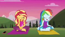 Size: 1280x720 | Tagged: safe, screencap, character:rainbow dash, character:sunset shimmer, episode:wake up!, g4, my little pony:equestria girls, animated, barefoot, clothing, crossed legs, cyoa, feet, geode of empathy, geode of super speed, magical geodes, meditation, pants, phone, sitting, sleeveless, sound, tank top, wake up!: rainbow dash, webm, yoga, yoga mat, yoga pants