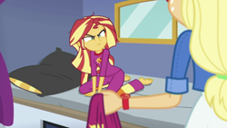 Size: 1344x756 | Tagged: safe, screencap, character:sunset shimmer, episode:wake up!, g4, my little pony:equestria girls, barefoot, feet, homesick shimmer, pillow, spoiler, wake up!: applejack