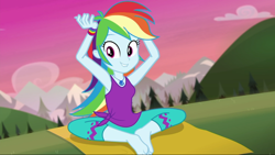 Size: 1280x720 | Tagged: safe, screencap, character:rainbow dash, episode:wake up!, g4, my little pony:equestria girls, armpits, barefoot, clothing, cute, dashabetes, feet, female, flexible, geode of super speed, looking at you, magical geodes, pants, smiling, solo, wake up!: rainbow dash, yoga, yoga mat, yoga pants