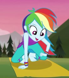 Size: 630x715 | Tagged: safe, screencap, character:rainbow dash, episode:wake up!, g4, my little pony:equestria girls, clothing, cropped, cute, dashabetes, feet, female, pants, solo, wake up!: rainbow dash, yoga, yoga mat, yoga pants