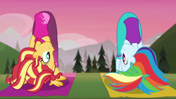 Size: 1280x720 | Tagged: safe, screencap, character:rainbow dash, character:sunset shimmer, episode:wake up!, g4, my little pony:equestria girls, bend over, duo, duo female, feet, female, flexible, wake up!: rainbow dash, yoga, yoga mat