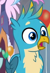 Size: 305x440 | Tagged: safe, screencap, character:gallus, character:ocellus, character:silverstream, species:changedling, species:griffon, episode:she's all yak, g4, my little pony: friendship is magic, chest fluff, cropped, cute, gallabetes, male, offscreen character, shocked, wings