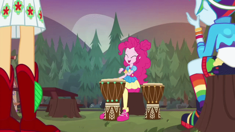 Size: 800x450 | Tagged: safe, screencap, character:applejack, character:pinkie pie, character:rainbow dash, episode:wake up!, g4, my little pony:equestria girls, animated, bongos, boots, clothing, cloud, cowboy boots, cute, diapinkes, drums, gif, hair bun, happy, hill, outdoors, pine tree, pinkie being pinkie, playing instrument, rainbow socks, shoes, sitting, sneakers, socks, striped socks, table, tree, tree stump