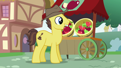 Size: 1920x1080 | Tagged: safe, screencap, species:earth pony, species:pony, episode:the last crusade, g4, my little pony: friendship is magic, apple, apple cart, background pony, clothing, country roads, food, hat, male, mouth hold, ponyville, solo, stallion