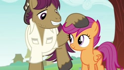 Size: 1920x1080 | Tagged: safe, screencap, character:scootaloo, character:snap shutter, species:earth pony, species:pegasus, species:pony, episode:the last crusade, g4, my little pony: friendship is magic, clothing, cutie mark, female, filly, hat, the cmc's cutie marks, unshorn fetlocks
