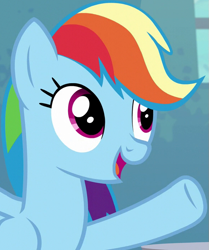 Size: 583x699 | Tagged: safe, screencap, character:rainbow dash, species:pegasus, species:pony, episode:newbie dash, g4, my little pony: friendship is magic, alternate hairstyle, ashleigh ball, behaving like applejack, bust, cropped, cute, dashabetes, female, forthright filly, mane swap, mare, open mouth, raised hoof, smiling, solo, voice actor joke