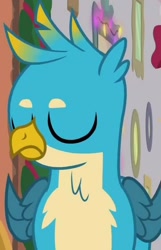 Size: 521x810 | Tagged: safe, screencap, character:gallus, species:griffon, episode:the hearth's warming club, g4, my little pony: friendship is magic, chest fluff, cropped, eyes closed, male, solo