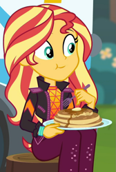 Size: 625x932 | Tagged: safe, screencap, character:sunset shimmer, episode:wake up!, g4, my little pony:equestria girls, breakfast, butter, cropped, cute, eating, female, food, fork, pancakes, plate, shimmerbetes, sitting, solo, syrup, tree stump, wake up!: applejack