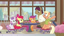 Size: 1920x1080 | Tagged: safe, screencap, character:apple bloom, character:mane allgood, character:scootaloo, character:snap shutter, character:sweetie belle, species:earth pony, species:pegasus, species:pony, species:unicorn, episode:the last crusade, g4, my little pony: friendship is magic, chair, clothing, cupcake, cutie mark, cutie mark crusaders, female, filly, foal, food, hat, house, male, mare, sad, scootaloo's parents, shirt, stallion, table, the cmc's cutie marks, window