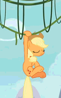 Size: 198x320 | Tagged: safe, screencap, character:applejack, species:earth pony, species:pony, episode:non-compete clause, g4, my little pony: friendship is magic, animated, cloud, cropped, eyes closed, female, gif, mare, rope bridge, scared, sky, solo, vine