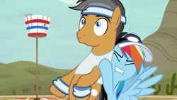 Size: 1280x720 | Tagged: safe, screencap, character:quibble pants, character:rainbow dash, species:earth pony, species:pegasus, species:pony, episode:common ground, g4, my little pony: friendship is magic, armband, cap, clothing, hat, headband, holding a pony
