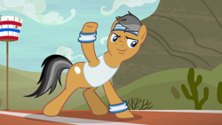 Size: 1280x720 | Tagged: safe, screencap, character:quibble pants, species:earth pony, species:pony, episode:common ground, g4, my little pony: friendship is magic, armband, headband, raised hoof, solo