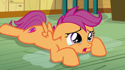 Size: 1920x1080 | Tagged: safe, screencap, character:scootaloo, species:pegasus, species:pony, episode:the last crusade, g4, my little pony: friendship is magic, crying, cutie mark, female, filly, foal, prone, puddle, sad, scootasad, solo, teary eyes, the cmc's cutie marks
