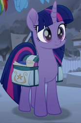 Size: 596x900 | Tagged: safe, screencap, character:rainbow dash, character:twilight sparkle, character:twilight sparkle (alicorn), species:alicorn, species:pony, friendship is magic: rainbow roadtrip, g4, my little pony: friendship is magic, cropped, female, mare, offscreen character, saddle bag, solo focus