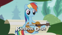 Size: 1920x1080 | Tagged: safe, screencap, character:rainbow dash, species:pegasus, species:pony, animated, bench, cropped, female, foal house, full house, guitar, mare, no sound, official content, rainbow dash sure loves guitar, reference, sitting, solo, text, that pony sure does love playing the guitar, tree, webm