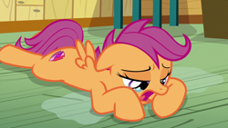 Size: 1920x1080 | Tagged: safe, screencap, character:scootaloo, species:pegasus, species:pony, episode:the last crusade, g4, my little pony: friendship is magic, crying, cutie mark, female, filly, foal, prone, puddle, teary eyes, the cmc's cutie marks