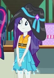 Size: 421x611 | Tagged: safe, screencap, character:rarity, character:twilight sparkle, character:twilight sparkle (scitwi), species:eqg human, episode:the salty sails, g4, my little pony:equestria girls, clothing, cropped, cute, female, hat, lifejacket, raribetes, sarong, skirt, solo focus, wet