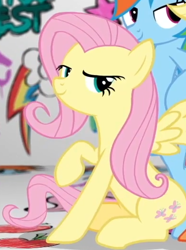 Size: 390x523 | Tagged: safe, official, screencap, character:applejack, character:fluttershy, character:rainbow dash, species:earth pony, species:pegasus, species:pony, badass, bipedal, cool, cropped, female, flutterbadass, fresh princess and friends' poses, fresh princess of friendship, graffiti, hasbro, lidded eyes, mare, parody, pose, sitting, smiling, smug, smugshy, solo focus, spread wings, the fresh prince of bel-air, wings