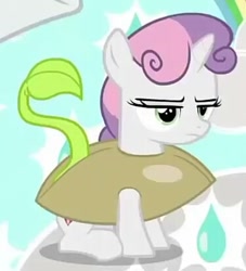 Size: 375x413 | Tagged: safe, screencap, character:sweetie belle, species:pony, episode:forever filly, g4, my little pony: friendship is magic, annoyed, clothing, cosplay, costume, cropped, cute, seedie belle, seeds, solo focus