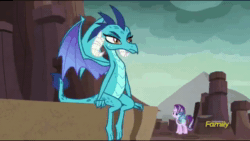 Size: 640x360 | Tagged: safe, screencap, character:princess ember, character:starlight glimmer, species:dragon, species:pony, episode:celestial advice, g4, my little pony: friendship is magic, animated, bros, chest bump, discovery family logo, dragon lands, dragoness, female, funny, handshake, predator (franchise), sound, totally, webm