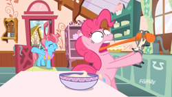 Size: 1811x1019 | Tagged: safe, screencap, character:cup cake, character:pinkie pie, species:earth pony, species:pony, episode:between dark and dawn, g4, my little pony: friendship is magic, baking, cup, cupboard, discovery family logo, door, egg beater, kitchen, pinkie being pinkie, plate, ponyville, sink, stuck, sugarcube corner, table, tongue out, window