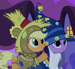 Size: 783x720 | Tagged: safe, screencap, character:applejack, character:twilight sparkle, species:pony, episode:luna eclipsed, g4, my little pony: friendship is magic, cropped, cute, duo, happy, nightmare night, scarecrow, star swirl the bearded costume
