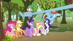 Size: 1920x1080 | Tagged: safe, screencap, character:applejack, character:fluttershy, character:pinkie pie, character:rainbow dash, character:rarity, character:spike, character:twilight sparkle, character:twilight sparkle (alicorn), species:alicorn, species:pony, episode:between dark and dawn, g4, my little pony: friendship is magic, apple tree, long tongue, mane seven, mane six, tongue out, tree