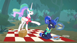 Size: 1366x768 | Tagged: safe, screencap, character:princess celestia, character:princess luna, episode:between dark and dawn, g4, my little pony: friendship is magic, angry, basket, blanket, bread, checkered blanket, cheese, discovery family logo, food, levitation, magic, picnic, sandwich, telekinesis, tomato, unhappy, upset