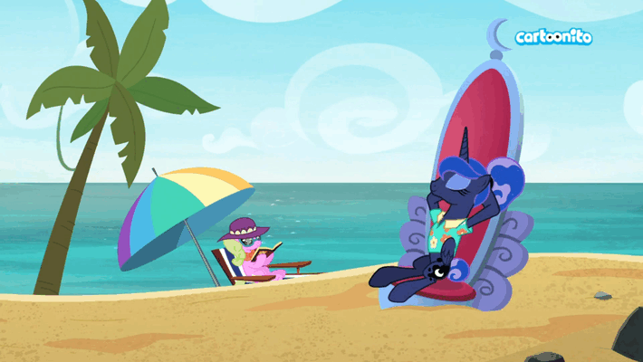 Size: 710x400 | Tagged: safe, screencap, character:daisy, character:princess luna, species:pony, episode:between dark and dawn, g4, my little pony: friendship is magic, animated, beach, cartoonito logo, sinking, throne