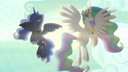 Size: 1920x1080 | Tagged: safe, screencap, character:princess celestia, character:princess luna, species:alicorn, species:pony, episode:between dark and dawn, g4, my little pony: friendship is magic, backlighting, duo, ethereal mane, female, mare, royal sisters, siblings, sisters, spread wings, sun, wings